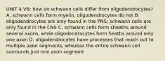 UNIT 4 VB: how do schwann cells differ from oligodendrocytes? A. schwann cells form myelin, oligodendrocytes do not B. oligodendrocytes are only found in the PNS; schwann cells are only found in the CNS C. schwann cells form sheaths around several axons, while oligodendrocytes form heaths around only one axon D. oligodendrocytes have processes that reach out to multiple axon segments, whereas the entire schwann cell surrounds just one axon segment