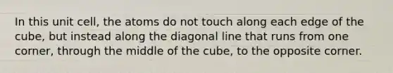 In this unit cell, the atoms do not touch along each edge of the cube, but instead along the diagonal line that runs from one corner, through the middle of the cube, to the opposite corner.