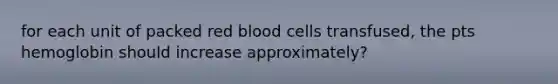 for each unit of packed red blood cells transfused, the pts hemoglobin should increase approximately?