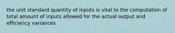 the unit standard quantity of inputs is vital to the computation of total amount of inputs allowed for the actual output and efficiency variances