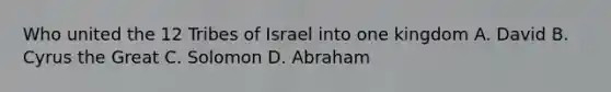 Who united the 12 Tribes of Israel into one kingdom A. David B. Cyrus the Great C. Solomon D. Abraham