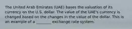 The United Arab Emirates (UAE) bases the valuation of its currency on the U.S. dollar. The value of the UAE's currency is changed based on the changes in the value of the dollar. This is an example of a ________ exchange rate system.