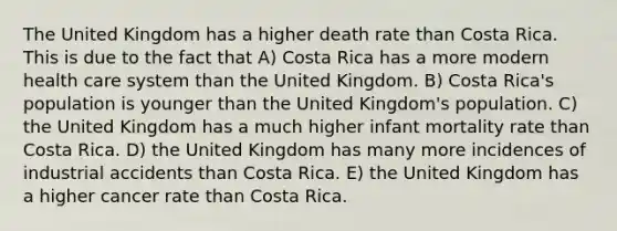 The United Kingdom has a higher death rate than Costa Rica. This is due to the fact that A) Costa Rica has a more modern health care system than the United Kingdom. B) Costa Rica's population is younger than the United Kingdom's population. C) the United Kingdom has a much higher infant mortality rate than Costa Rica. D) the United Kingdom has many more incidences of industrial accidents than Costa Rica. E) the United Kingdom has a higher cancer rate than Costa Rica.