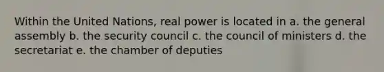 Within the United Nations, real power is located in a. the general assembly b. the security council c. the council of ministers d. the secretariat e. the chamber of deputies