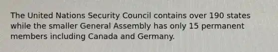 The United Nations Security Council contains over 190 states while the smaller General Assembly has only 15 permanent members including Canada and Germany.