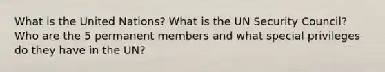 What is the United Nations? What is the UN Security Council? Who are the 5 permanent members and what special privileges do they have in the UN?