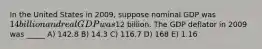 In the United States in 2009, suppose nominal GDP was 14 billion and real GDP was12 billion. The GDP deflator in 2009 was _____ A) 142.8 B) 14.3 C) 116.7 D) 168 E) 1.16