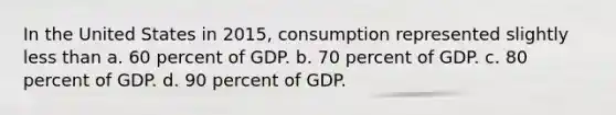 In the United States in 2015, consumption represented slightly less than a. 60 percent of GDP. b. 70 percent of GDP. c. 80 percent of GDP. d. 90 percent of GDP.