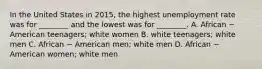 In the United States in 2015, the highest unemployment rate was for ________ and the lowest was for ________. A. African − American teenagers; white women B. white teenagers; white men C. African − American men; white men D. African − American women; white men