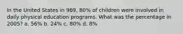 In the United States in 969, 80% of children were involved in daily physical education programs. What was the percentage in 2005? a. 56% b. 24% c. 80% d. 8%