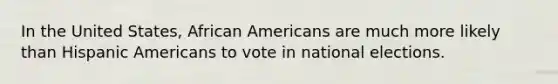 In the United States, <a href='https://www.questionai.com/knowledge/kktT1tbvGH-african-americans' class='anchor-knowledge'>african americans</a> are much more likely than <a href='https://www.questionai.com/knowledge/kunkkmOH9Z-hispanic-americans' class='anchor-knowledge'>hispanic americans</a> to vote in national elections.