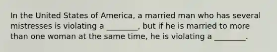 In the United States of America, a married man who has several mistresses is violating a ________, but if he is married to <a href='https://www.questionai.com/knowledge/keWHlEPx42-more-than' class='anchor-knowledge'>more than</a> one woman at the same time, he is violating a ________.