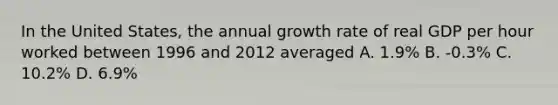 In the United States, the annual growth rate of real GDP per hour worked between 1996 and 2012 averaged A. 1.9% B. -0.3% C. 10.2% D. 6.9%