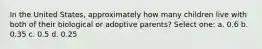 In the United States, approximately how many children live with both of their biological or adoptive parents? Select one: a. 0.6 b. 0.35 c. 0.5 d. 0.25