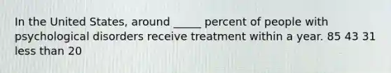 In the United States, around _____ percent of people with psychological disorders receive treatment within a year. 85 43 31 less than 20