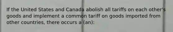 If the United States and Canada abolish all tariffs on each other's goods and implement a common tariff on goods imported from other countries, there occurs a (an):