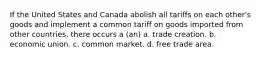 If the United States and Canada abolish all tariffs on each other's goods and implement a common tariff on goods imported from other countries, there occurs a (an) a. trade creation. b. economic union. c. common market. d. free trade area.