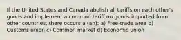 If the United States and Canada abolish all tariffs on each other's goods and implement a common tariff on goods imported from other countries, there occurs a (an): a) Free-trade area b) Customs union c) Common market d) Economic union