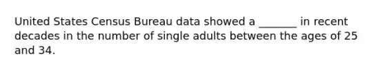 United States Census Bureau data showed a _______ in recent decades in the number of single adults between the ages of 25 and 34.