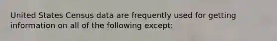 United States Census data are frequently used for getting information on all of the following except: