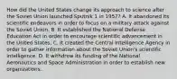 How did the United States change its approach to science after the Soviet Union launched Sputnik 1 in 1957? A. It abandoned its scientific endeavors in order to focus on a military attack against the Soviet Union. B. It established the National Defense Education Act in order to encourage scientific advancement in the United States. C. It created the Central Intelligence Agency in order to gather information about the Soviet Union's scientific intelligence. D. It withdrew its funding of the National Aeronautics and Space Administration in order to establish new organizations.