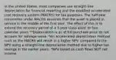 In the United States, most companies use straight-line depreciation for financial reporting and the modified accelerated cost recovery system (MACRS) for tax purposes. The half-year convention under MACRS assumes that the asset is placed in service in the middle of the first year. The effect of this is to extend the recovery period of a 3-year class asset to four calendar years **Depreciation is as of full purchase price do not account for salvage value. *An accelerated depreciation method such as the MACRS will result in a higher NPV compared to the NPV using a straight-line depreciation method due to higher tax savings in the earlier years. *NPV based on cash flows NOT net income