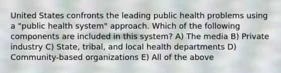 United States confronts the leading public health problems using a "public health system" approach. Which of the following components are included in this system? A) The media B) Private industry C) State, tribal, and local health departments D) Community-based organizations E) All of the above