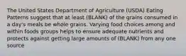 The United States Department of Agriculture (USDA) Eating Patterns suggest that at least (BLANK) of the grains consumed in a day's meals be whole grains. Varying food choices among and within foods groups helps to ensure adequate nutrients and protects against getting large amounts of (BLANK) from any one source