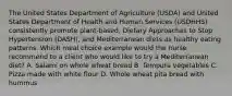 The United States Department of Agriculture (USDA) and United States Department of Health and Human Services (USDHHS) consistently promote plant-based, Dietary Approaches to Stop Hypertension (DASH), and Mediterranean diets as healthy eating patterns. Which meal choice example would the nurse recommend to a client who would like to try a Mediterranean diet? A. Salami on whole wheat bread B. Tempura vegetables C. Pizza made with white flour D. Whole wheat pita bread with hummus