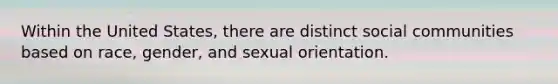 Within the United States, there are distinct social communities based on race, gender, and <a href='https://www.questionai.com/knowledge/khRl0L2JzN-sexual-orientation' class='anchor-knowledge'>sexual orientation</a>.