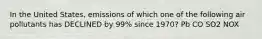 In the United States, emissions of which one of the following air pollutants has DECLINED by 99% since 1970? Pb CO SO2 NOX