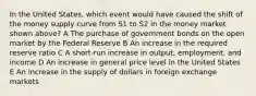 In the United States, which event would have caused the shift of the money supply curve from S1 to S2 in the money market shown above? A The purchase of government bonds on the open market by the Federal Reserve B An increase in the required reserve ratio C A short-run increase in output, employment, and income D An increase in general price level in the United States E An increase in the supply of dollars in foreign exchange markets