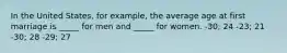 In the United States, for example, the average age at first marriage is _____ for men and _____ for women. -30; 24 -23; 21 -30; 28 -29; 27