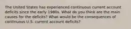 The United States has experienced continuous current account deficits since the early 1980s. What do you think are the main causes for the deficits? What would be the consequences of continuous U.S. current account deficits?