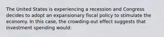 The United States is experiencing a recession and Congress decides to adopt an expansionary fiscal policy to stimulate the economy. In this case, the crowding-out effect suggests that investment spending would: