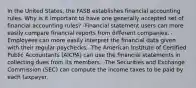 In the United States, the FASB establishes financial accounting rules. Why is it important to have one generally accepted set of financial accounting rules? -Financial statement users can more easily compare financial reports from different companies. -Employees can more easily interpret the financial data given with their regular paychecks. -The American Institute of Certified Public Accountants (AICPA) can use the financial statements in collecting dues from its members. -The Securities and Exchange Commission (SEC) can compute the income taxes to be paid by each taxpayer.