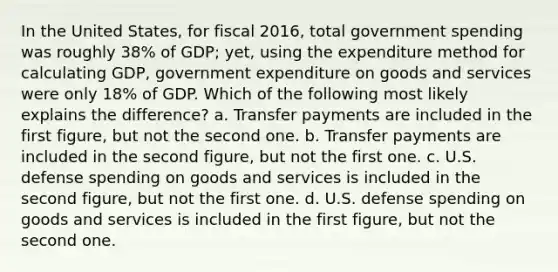 In the United States, for fiscal 2016, total government spending was roughly 38% of GDP; yet, using the expenditure method for calculating GDP, government expenditure on goods and services were only 18% of GDP. Which of the following most likely explains the difference? a. Transfer payments are included in the first figure, but not the second one. b. Transfer payments are included in the second figure, but not the first one. c. U.S. defense spending on goods and services is included in the second figure, but not the first one. d. U.S. defense spending on goods and services is included in the first figure, but not the second one.