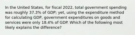 In the United States, for fiscal 2022, total government spending was roughly 37.3% of GDP; yet, using the expenditure method for calculating GDP, government expenditures on goods and services were only 18.4% of GDP. Which of the following most likely explains the difference?