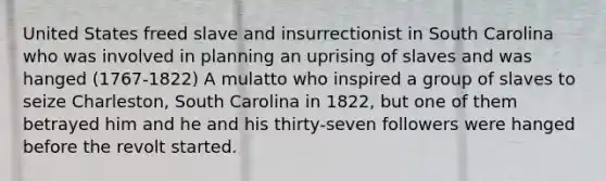 United States freed slave and insurrectionist in South Carolina who was involved in planning an uprising of slaves and was hanged (1767-1822) A mulatto who inspired a group of slaves to seize Charleston, South Carolina in 1822, but one of them betrayed him and he and his thirty-seven followers were hanged before the revolt started.