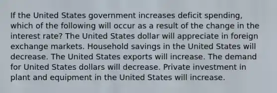 If the United States government increases deficit spending, which of the following will occur as a result of the change in the interest rate? The United States dollar will appreciate in foreign exchange markets. Household savings in the United States will decrease. The United States exports will increase. The demand for United States dollars will decrease. Private investment in plant and equipment in the United States will increase.