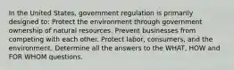 In the United States, government regulation is primarily designed to: Protect the environment through government ownership of natural resources. Prevent businesses from competing with each other. Protect labor, consumers, and the environment. Determine all the answers to the WHAT, HOW and FOR WHOM questions.