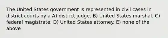 The United States government is represented in civil cases in district courts by a A) district judge. B) United States marshal. C) federal magistrate. D) United States attorney. E) none of the above