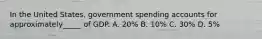 In the United States, government spending accounts for approximately_____ of GDP. A. 20% B. 10% C. 30% D. 5%