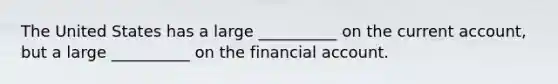 The United States has a large __________ on the current​ account, but a large __________ on the financial account.