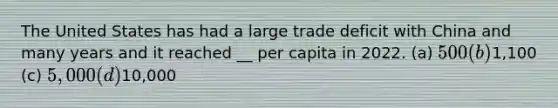 The United States has had a large trade deficit with China and many years and it reached __ per capita in 2022. (a) 500 (b)1,100 (c) 5,000 (d)10,000