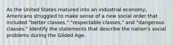 As the United States matured into an industrial economy, Americans struggled to make sense of a new social order that included "better classes," "respectable classes," and "dangerous classes." Identify the statements that describe the nation's social problems during the Gilded Age.