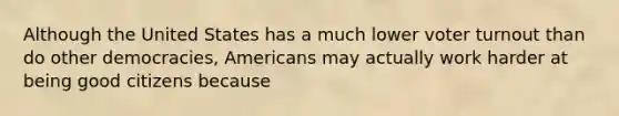 Although the United States has a much lower <a href='https://www.questionai.com/knowledge/kLGzaG1iPL-voter-turnout' class='anchor-knowledge'>voter turnout</a> than do other democracies, Americans may actually work harder at being good citizens because