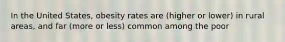 In the United States, obesity rates are (higher or lower) in rural areas, and far (more or less) common among the poor