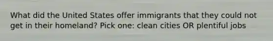 What did the United States offer immigrants that they could not get in their homeland? Pick one: clean cities OR plentiful jobs