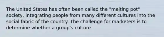 The United States has often been called the "melting pot" society, integrating people from many different cultures into the social fabric of the country. The challenge for marketers is to determine whether a group's culture